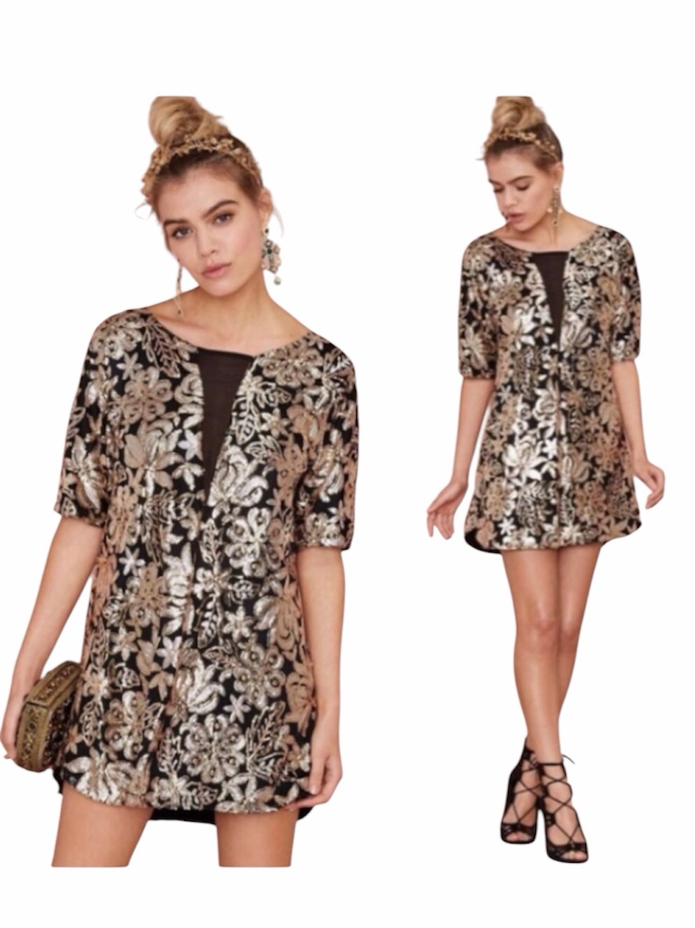 Lovers & Friends Saturday Night Sequin Dress Black & Gold sequin Shift Dress M